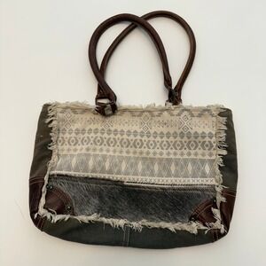 Myra Bag Canvas Tote‎ Bag Aztec Print Leather & Hair-On Hide Accents